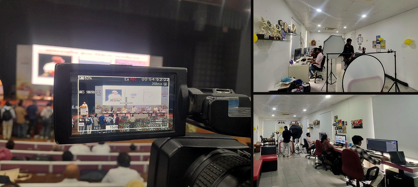 Fotilo Films video and photo production: a camera recording a live event, the in-house photo studio, and editors at work in the Fotilo office