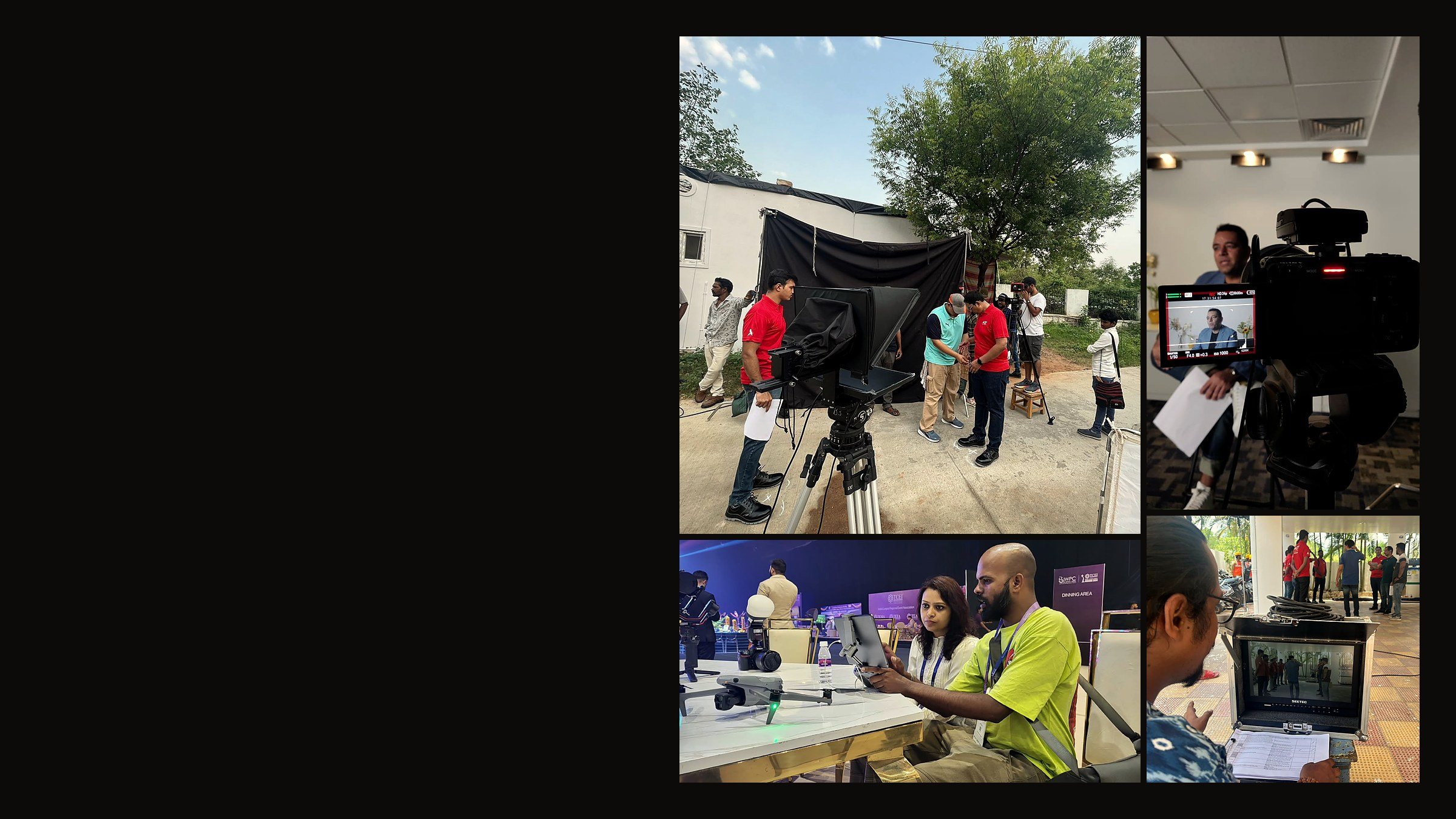 Fotilo Films team at work: a film set with teleprompter, a camera recording an interview, event coverage with a drone, and a director at the monitor