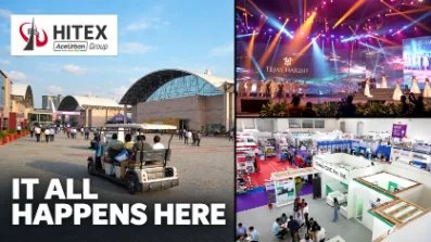 HITEX Exhibition Center collage — venue entrance, event stage and exhibition halls