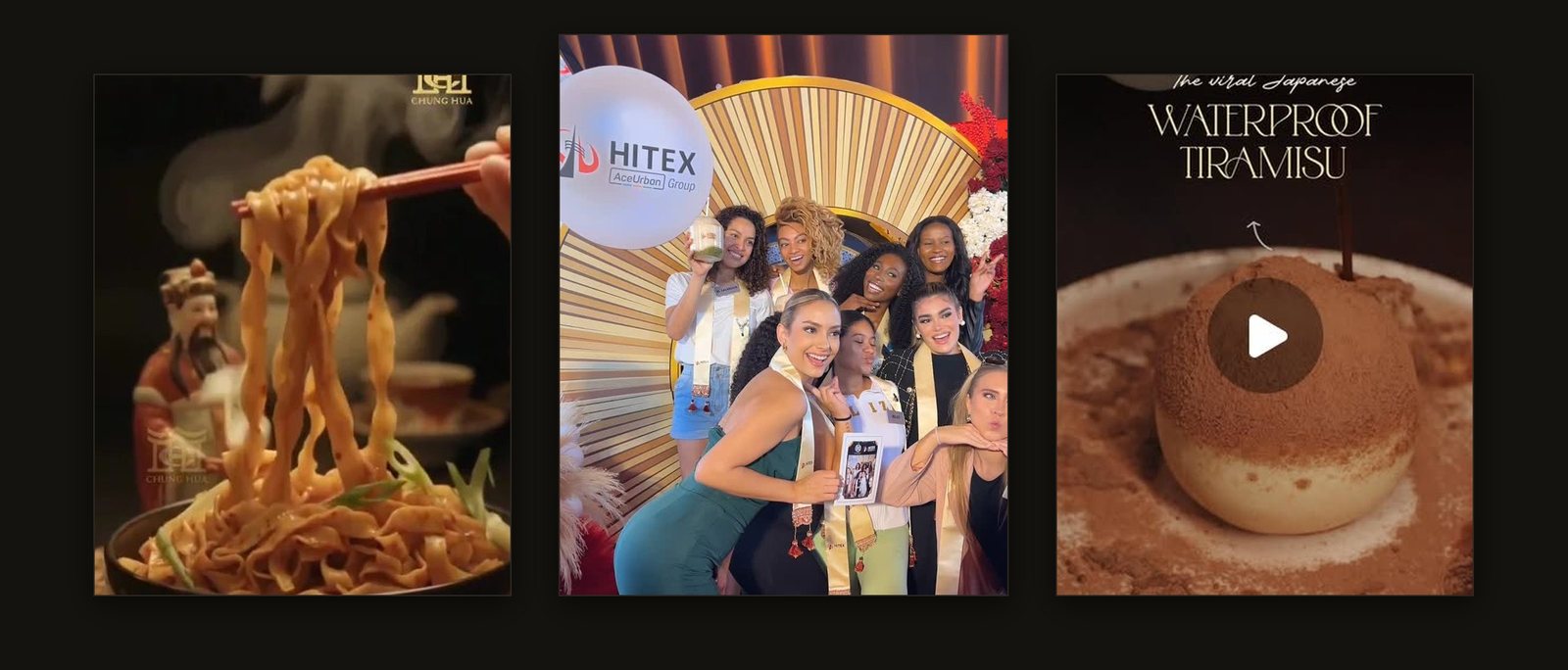 Three Fotilo Films social media reels: Chung Hua noodles, Miss World 2025 at HITEX, and a waterproof tiramisu reel